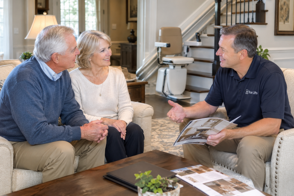 older couple talking with stair lifts atlanta stair lift expert during free assessment