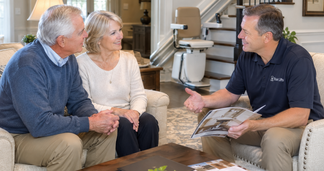 older couple talking with stair lifts atlanta stair lift expert during free assessment