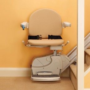 The Handicare Simplicity Series stair lift comes standard with a battery that charges in any position, a flexible track system accommodating tight doorways, and is equipped with safety sensors designed to stop the lift if it meets any obstruction.